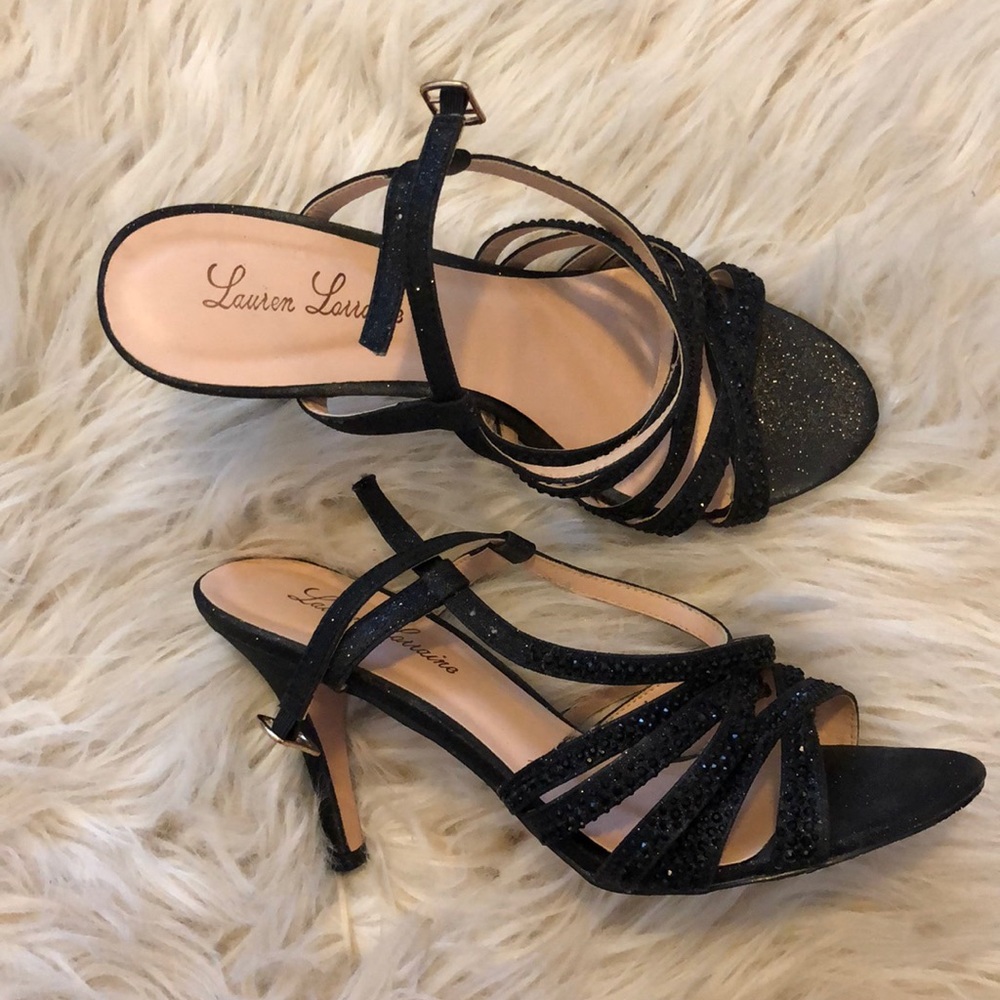 Black, sparkly, strappy heels. Worn once!